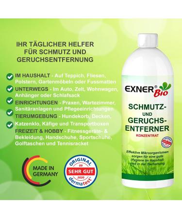 Exner Organic Odor & Stain Remover - 100% Natural Microorganism Formula for Pets Homes & Cars - 1L Concentrate - Buy Online on GoSupps.com