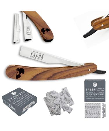 Facn Professional Wooden Straight Edge Barber Razor - 100 Blades included, Salon Quality Cut Throat Shavette - Buy Online on GoSupps.com