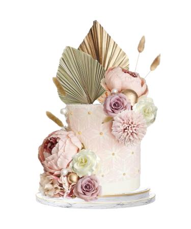 Euduq 29 pieces Boho Tortendeko Decoration Girl cake decoration set cake attachment decoration with flowers palm leaves dog hinge grass white ball and gold balls for birthday wedding baby party