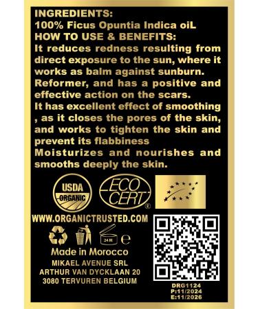 ORGANIC TRUSTED (Beauty Line) Certified Organic Prickly Pear Seed Oil 100% Pure Cold Pressed.