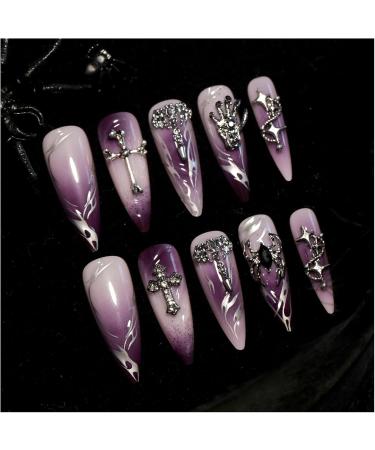 2 Piece Set Reusable Glue Gel Gothic Mauve Nail Gradient Finger Metal Cross Charm Design Spider Decal Halloween Cross Pattern Punk Suitable for Female Girls Almond Nails Purple Gradient 1count - Buy Online on GoSupps.com