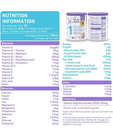 Bubs Goat Milk Infant Formula Stage 1 | 0-6 Months | Natural Goat Milk | 28.2 oz - Buy Online on GoSupps.com