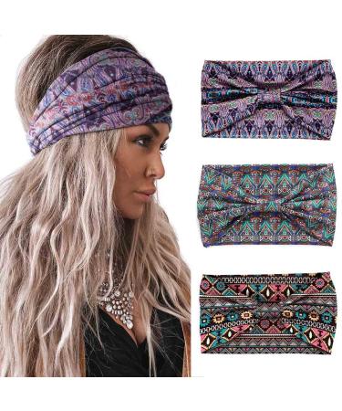 Aceorna Boho Headbands Wide Knotted Hairbands Stretch Turban Head Bands Elastic Fabric Hair Bands Floral Workout Sweetbands Cotton Yoga Hair Scarfs Bohemia Head Wraps for Women and Girls 3 Pcs (Set A) - Buy Online on GoSupps.com