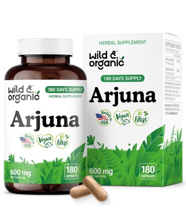 Wild & Organic Arjuna Bark Capsules - Overall Support - Arjuna Powder Supplement - 180 Herbal Capsules - 6-Month Supply - Terminalia Bark & Leaf Extract - Vegan No Fillers Non-GMO 180 Count (Pack of 1)