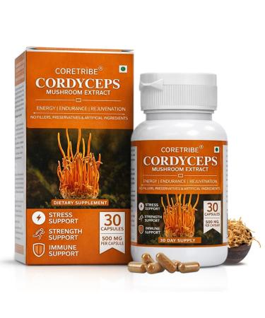 Coretribe Cordyceps Militaris Mushroom Extract Capsules |Strength|Focus Superfood Supplement | Vegan Non-GMO 30 Count .for Optimal Health Benefits 100% Authentic Cordyceps Easy-to-Swallow