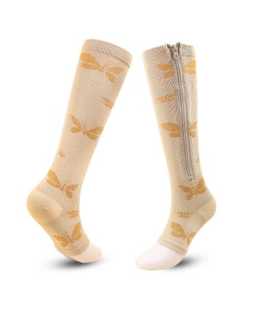 Zmerch compression stockings sports printing long wheel socks zipper Professional leg support thick women's varicose vein socks (L-EU38-41/butterfly (1 pair)) L -Eu38-41 Butterfly (1 pairs)