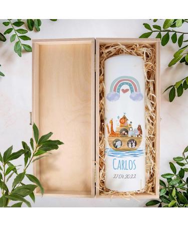 Personalized Gravure Printed Baptism Candle | Ark Rainbow Design | High-Quality Christening Gift for Boys & Girls | 250/80 mm Blue - Buy Online on GoSupps.com