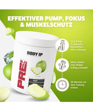 Body IP Perfect Pre 3.0 Green Apple - Vegan Pre Workout Shake | High-Dose Pump Booster | 20 Portions | Lactose-Free & Aspartame-Free | Made in Germany - Buy Online on GoSupps.com