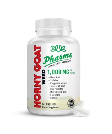 PHARMS Hornygoatweed for Men & Women (1,000 mg) - Energy & Stamina Capsules with Maca Root, Tribulus, Tongkat Ali, Saw Palmetto & Ginseng - Female & Male Performance Enhancing Supplement - 60 Capsules