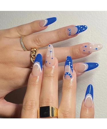 Almond Fake Nails Short 24Pcs Blue French False Nails Press on Nail with Star Designs Stick on Nails with Nail Glue Stiletto French Nail Tips for Women Girls Nail Art