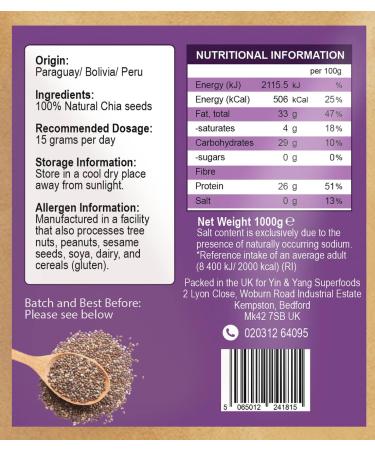 Yin & Yang Superfoods Premium Chia Seeds 1kg - 100% Natural, Vegan, High Protein & Fiber, Palm Oil Free - Buy Online on GoSupps.com