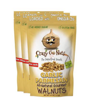 Crazy Go Nuts Walnuts - Garlic Parmesan, 4.5 oz (3-Pack) - Healthy Snacks, Keto, Low Carb, Gluten Free, Superfood - Natural, ALA, Omega 3 Fatty Acids, Good Fats, and Antioxidants 4.5 Ounce (Pack of 3)
