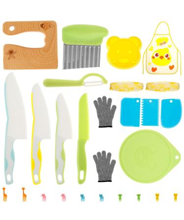 Abizarch 25Pcs Kids Cooking Set Safe Kids Kitchen Cutter Set Montessori Kitchen Tools with Cutters Potato Chipper Peeler Oversleeves Bear Sandwich Mould Chopping Bboard Gloves Apron Fruits Forks for C Picture money