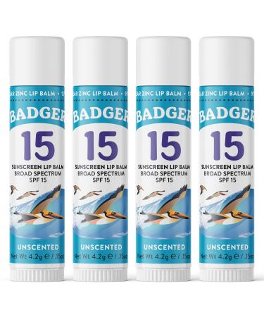 Badger Sunscreen Lip Balm SPF 15 Organic Mineral Sunscreen SPF Lip Balm with Zinc Oxide Reef Friendly Broad Spectrum Water Resistant Unscented.15 oz (4 Pack) 0.15 Ounce (Pack of 4) - Buy Online on GoSupps.com