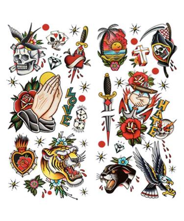 PUSNMI 120 260mm Classic Temporary Tattoo Sailor Jerry Temporary Tattoos for Women Men Cool Skull Tattoo for Arm Leg Face Lasting Mix Style Body Art Tattoos for Halloween Club