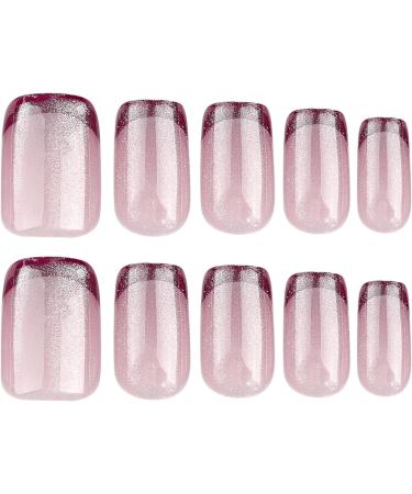 French Tip Press on Nails - Short Square Press On Nails with Nail Tips Red Edge French Nake Pink Cat Eye False Nail Sparkling pink Glossy press on nails Acrylic False Nails Cute Artificial Nails - Buy Online on GoSupps.com