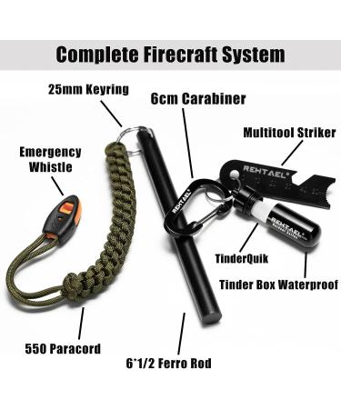 Flint and Steel Fire Starter Kit for Camping/Hiking - 6x1/2 Inch Ferro Rod Survival Tool with Striker, TinderQuik, Paracord, Whistle - Ignition System in Army Green - Buy Online on GoSupps.com