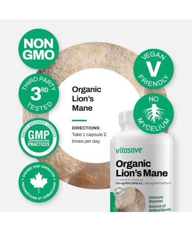 Vitasave Organic Lions Mane Supplement Capsules | 550mg Per Capsule Lions Mane Mushroom Supplement | Source Of Antioxidants & Immune Booster | Cognitive Support Nootropics Brain Supplements - Buy Online on GoSupps.com
