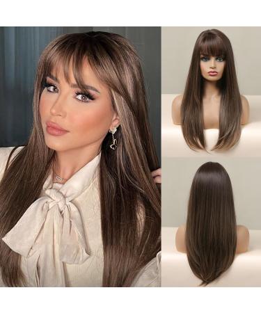 Kellynee Ombre Brown Wig with Bangs - Long Straight Hair Natural Synthetic Heat Resistant Wig for Women - Effortlessly Elegant for Daily Wear Parties and Special Occasions Straight Ombre Brown