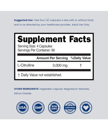 L Citrulline 3000mg Supplement (360 Capsules) Support L Arginine & Nitric Oxide Pills - L-Citrulline For Men & Women - Muscle Recovery & Pump Supplement - 3rd Party Tested Vegan Non-GMO - USA Made 360 Count (Pack of 1) - Buy Online on GoSupps.com