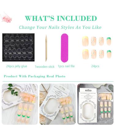French Tip Press On Nails Short with White Flower Design | Yellow Green French False Nails | Spring Acrylic Stick On Nails for Women - Buy Online on GoSupps.com