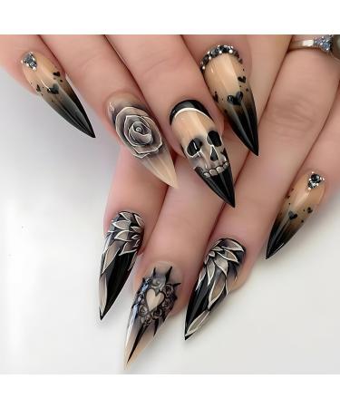 Skull Press on Nails Halloween Fake Nails Almond Stiletto French Gradient Coffin False Nails Retro Black Rose Heart Long Glue on Nails with Rhinestone Full Cover Acrylic Nails for Women Girls 24pcs 13-Halloween