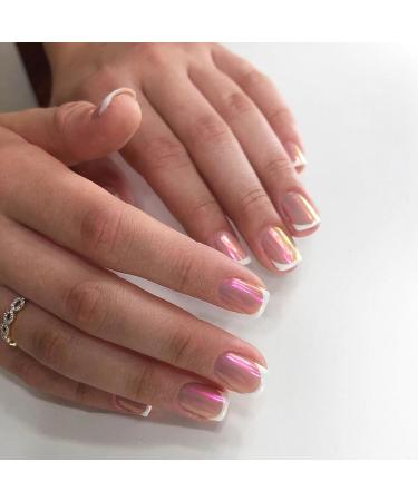 Iridescent Chrome Press On Nails - Short Pastel Pink French Tips | Reusable Fake Nails Kit (24 Nails 12 Sizes) for Women s Party Wear - Buy Online on GoSupps.com