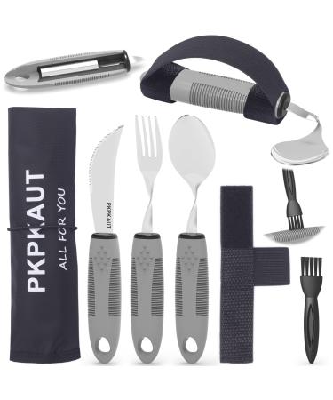 PKPKAUT Weighted Parkinsons Utensils for Hand Tremors, Weighted Silverware for Parkinsons Patients Arthritic Hands, Built Up Utensils for Adults, Adaptive Eating Utensils for Disabled People Elderly 6-Piece Set