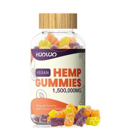 HOOLOO Hemp Gummies Vegan for Bedtime Support Unwind Infused Omega 3 and Vitamins Made in USA Juicy Orange Grape Peach 60 Count (Pack of 1)
