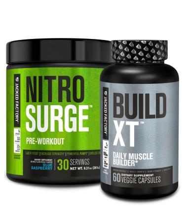Jacked Factory Nitrosurge Pre-Workout in Blue Raspberry & Build XT Muscle Building Bundle for Men & Women