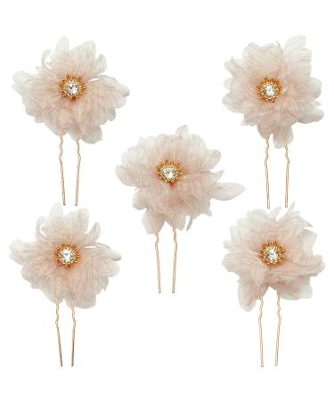 BETITETO Bridal Flower Hair Pins 5 Pieces U-Shaped Rhinestone Floral Hair Buns Comb Accessories for Wedding Party Banquet (Pink)