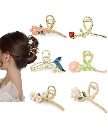 ORGUNE 6 Pcs Large Cute Metal Flower Claw Hair Clips Nonslip Gold Claw Hair Clip  Strong Hold Fashion Hair Accessories for Women and Girls with Thick Thin Curly Hair