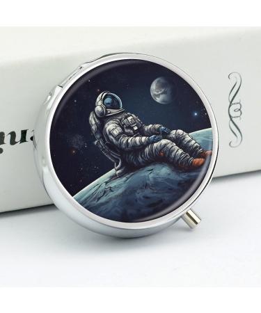 Round Astronaut Space Print Pill Box | 3 Compartment Portable Medicine Organizer | Decorative Metal Pocket Pill Case - Buy Online on GoSupps.com