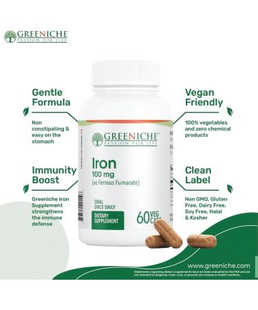 Greeniche Iron 60 Vegan Capsule 100mg - Gentle, High Absorption Iron Supplement for Immune Support - Non-Constipating & Gluten Free - 60 Count - Buy Online on GoSupps.com