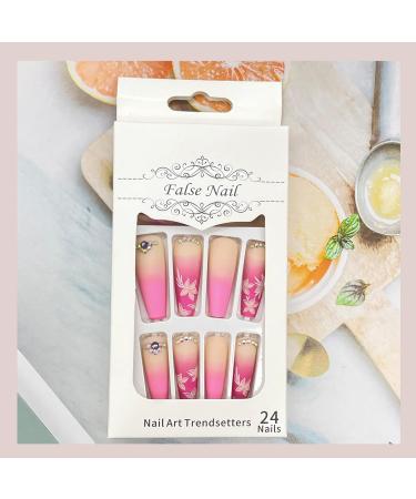 24 Pcs Long Coffin French Ballerina Fake Nails Set with Jelly Glue Sticker - Pink Floral Design for Women and Girls - Buy Online on GoSupps.com