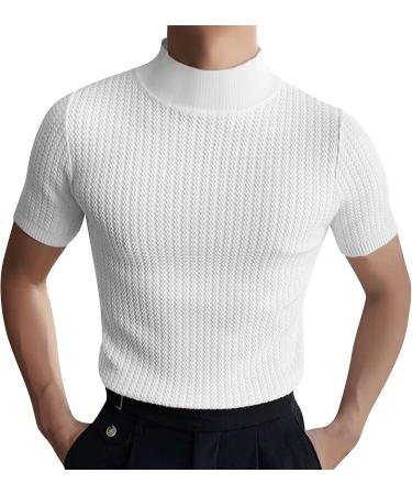 Men's High Collar Turtleneck Short Sleeve T-Shirt Solid Y2-White | Medium - Buy Online on GoSupps.com