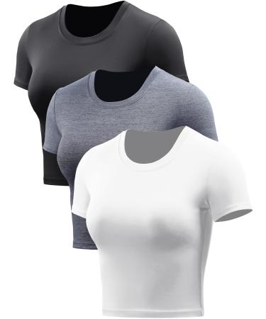 CADMUS Workout Crop Tops Women Racerback Dry Fit Athletic Shirts Short Sleeve 3 Piecese 79#: 3 Pieces, Black, Grey, White Small