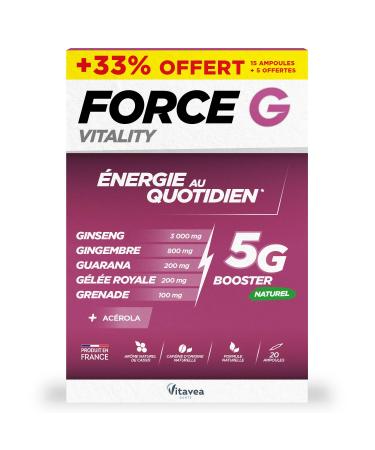 Force G Vitality - Energy Supplement - Ginseng Ginger Guarana Royal Jelly Pomegranate Acerola - Enhanced Active Ingredients - 20 ampoules - 20 Days - Made in France Vitavea