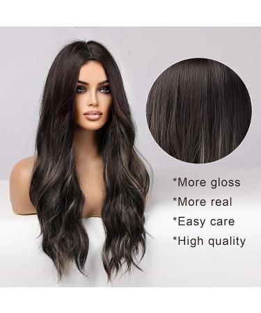 EMMOR 26 Long Black Wig for Women - Natural Synthetic Hair, Curly Wavy Style with Blonde and Black Highlights - Buy Online on GoSupps.com