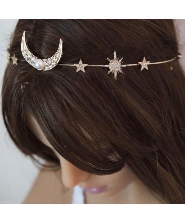 Gold Wedding Hair Pendant Head Chain with Moon and Star Design - Fashion Crystal Hair Jewelry for Women and Girls - Buy Online on GoSupps.com