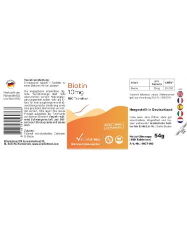 Biotin 10mg Vitamin B7 Highly Dosed with 10000 g Biotin Box of 180 Tablets Vegan! For 6 Months! | Vitamintrend  - Buy Online on GoSupps.com