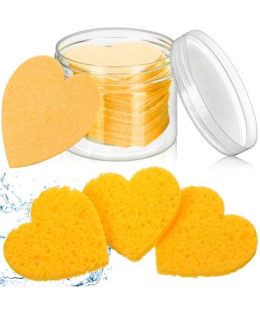 Nuenen 60 Pieces Facial Sponges with Container Heart Shape Compressed Face Sponge Natural Sponge Pads for Washing Face Cleansing Exfoliating Esthetician Makeup Removal (Yellow)