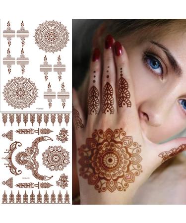 Exquisite Brown Flower Lace Henna Temporary Tattoos for Women - Waterproof & Removable - 6 Sheets - Buy Online on GoSupps.com