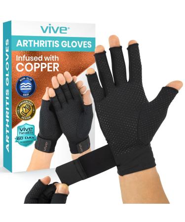 Vive Copper Arthritis Gloves - Fingerless Hand Compression - Open Finger Pain Relief for Carpal Tunnel Rheumatoid Osteoarthritis - Computer Typing Wrist Joint and Tendon Support for Women Men Small Black