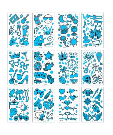 Blue Luminous Neon Tattoo Stickers 12 Sheets - UV Glow Party Temporary Tattoos for Women and Girls - Buy Online on GoSupps.com