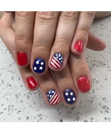 24Pcs Independence Day Fake Nails July 4th Press on Nails Short False Nails with American National Flag Design Red Blue Line Acrylic Nails Full Cover Star Stick on Nails for Women and Girls Manicure style2