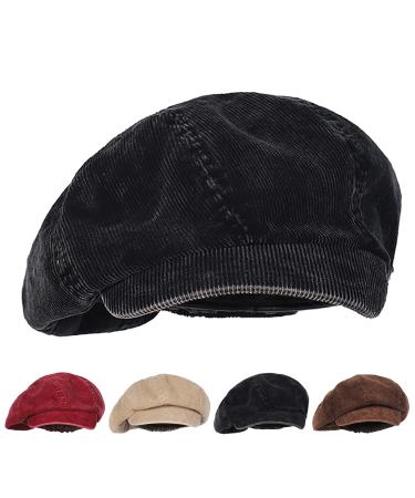 Women's Corduroy Slouchy Newsboy Cap Vintage Paperboy Painter Hats Oversized Octagonal Cap Corduroy (Black)