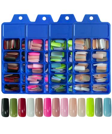 LoveOurHome 480pc Medium Square Press on Nails Colored Full Cover Fake Nails Artificial Fingernails Decor Acrylic Tips 10 Sizes for Women Girls Manicure Design Glossy Square