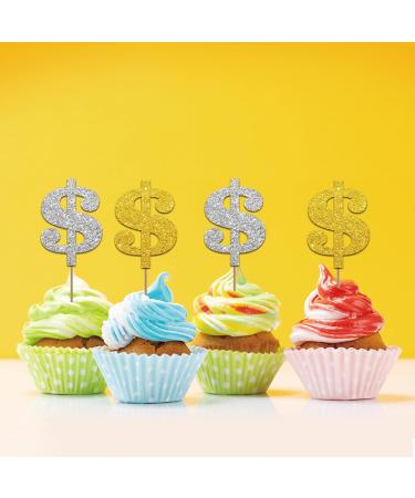 Set of 24 Dollar Note Cupcake Toppers Silver&Gold Glitter Dollar Sign Cupcake Picks Casino Wedding Birthday Cake Decorations Casino Night Poker Theme Party Supplies - Buy Online on GoSupps.com