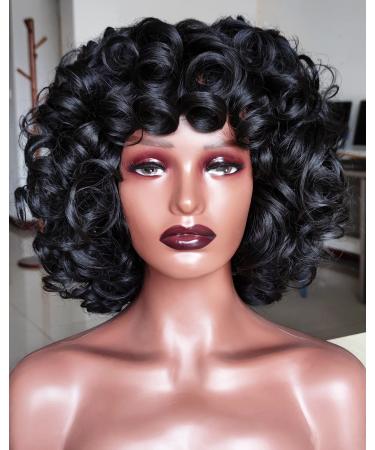 ELIM Short Afro Big Curly Wigs for Black Women, Black Kinky Curly Bangs Wig with 7 PCS Accessories , Natural Looking Synthetic Hair Replacement Wig for Daily Party Use Z301BK
